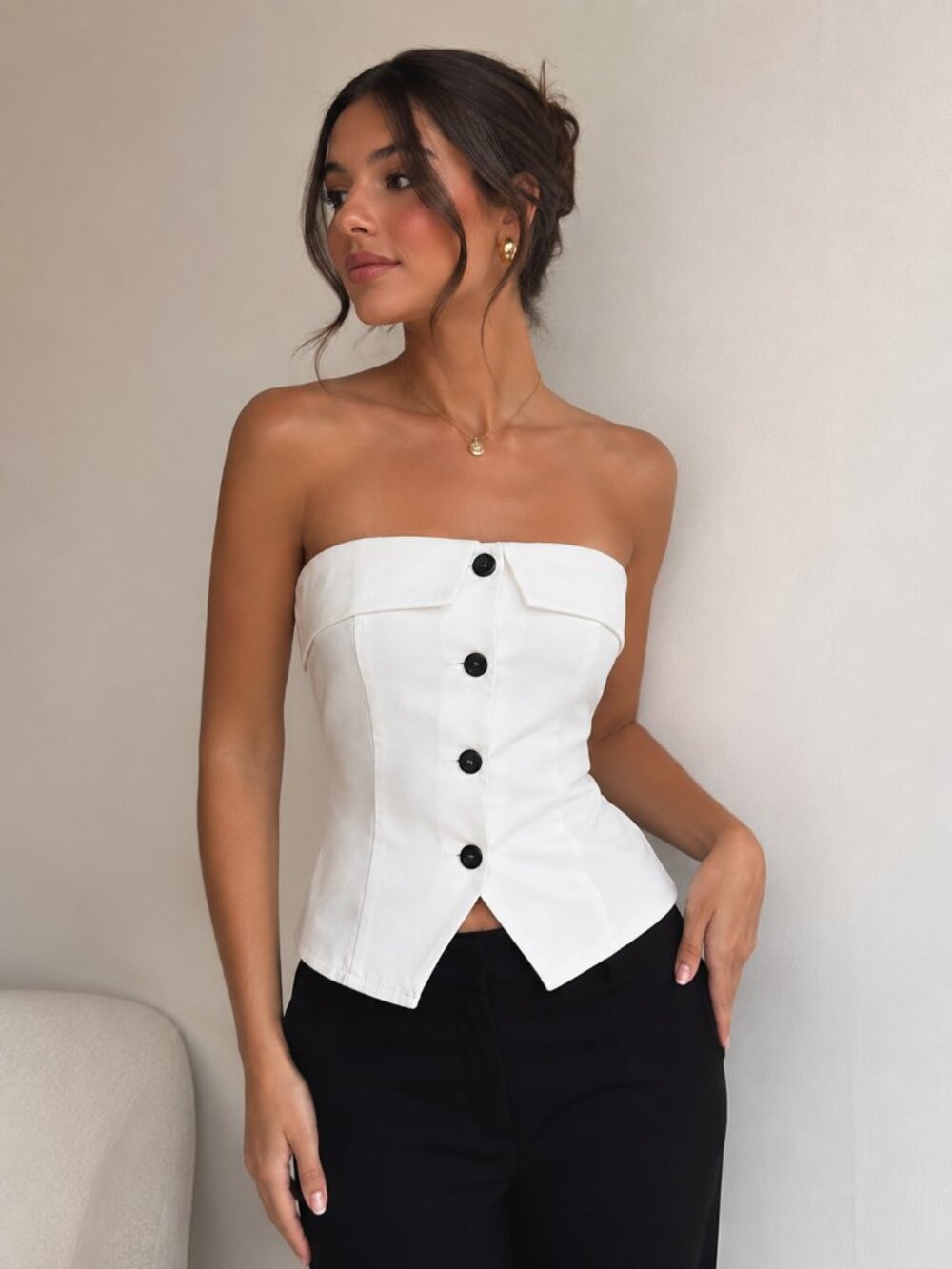 White Strapless Corset Tube Top w/ Button Detail | Bustier